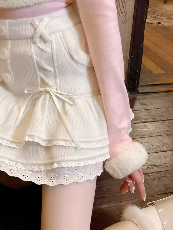 Elegant Sweet Lace High Waist Bandage Slight Stretch Mini Skirt Mssza