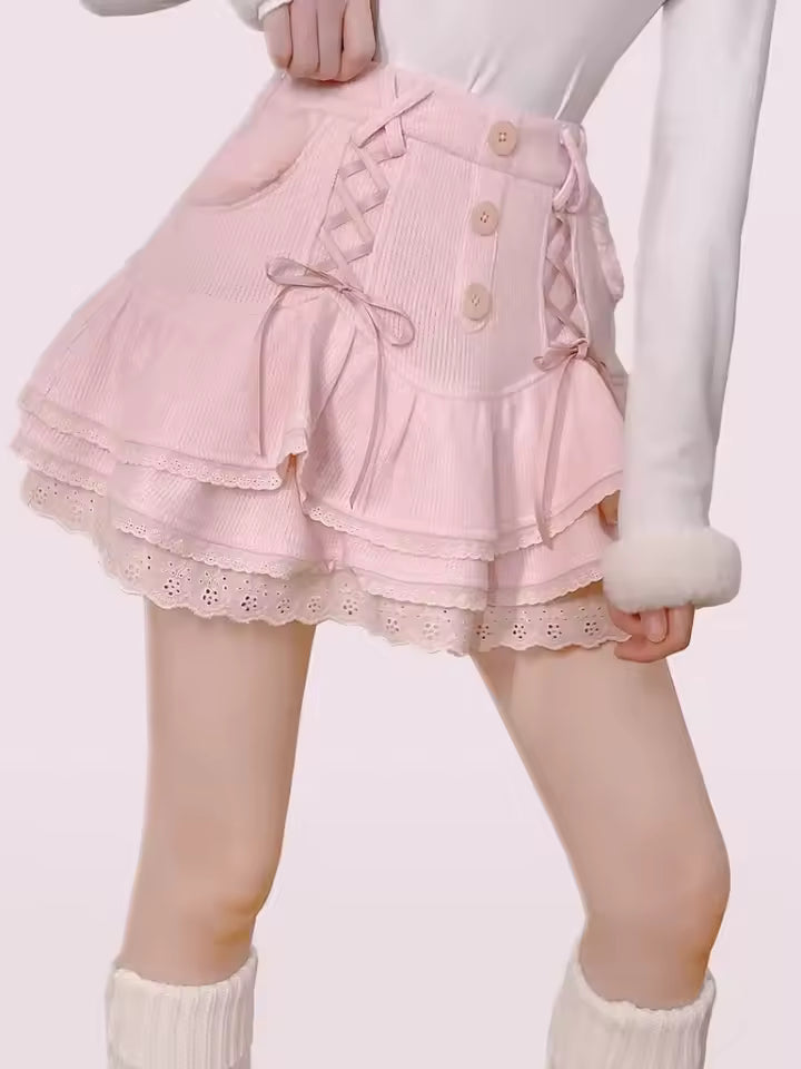 Elegant Sweet Lace High Waist Bandage Slight Stretch Mini Skirt Mssza