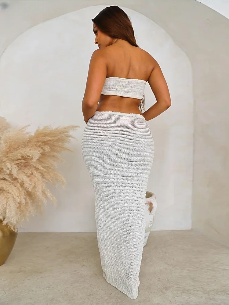 Elegant Thin Striped Knot Strapless Top And Bandage Skirts 2 Piece Set Mssza
