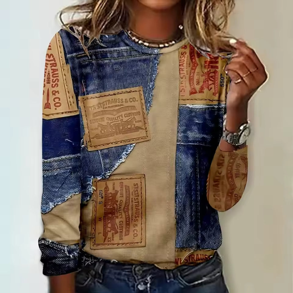 Elegant Trend Cotton Cowboys Pullover Splicing Print Long Sleeves T-shirts Mssza