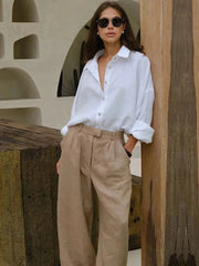 Elegant Turn Collar Solid Linen Long Sleeve Loose Shirts Mssza