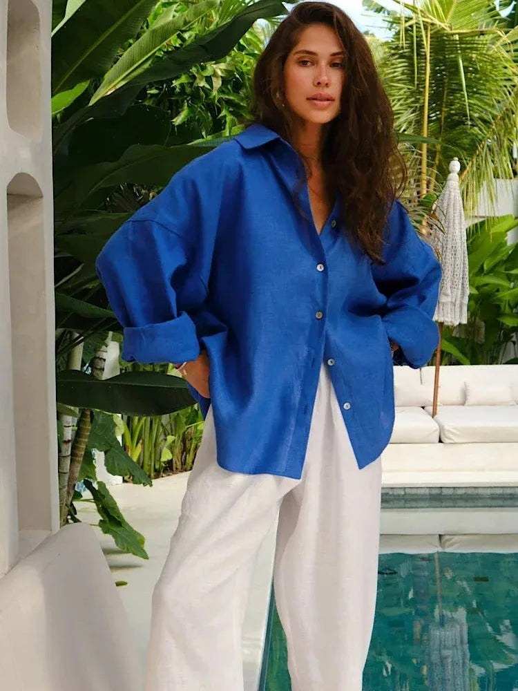 Elegant Turn Collar Solid Linen Long Sleeve Loose Shirts Mssza