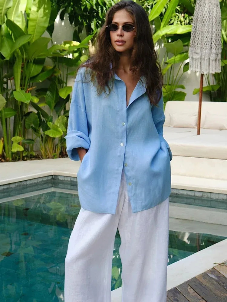 Elegant Turn Collar Solid Linen Long Sleeve Loose Shirts Mssza