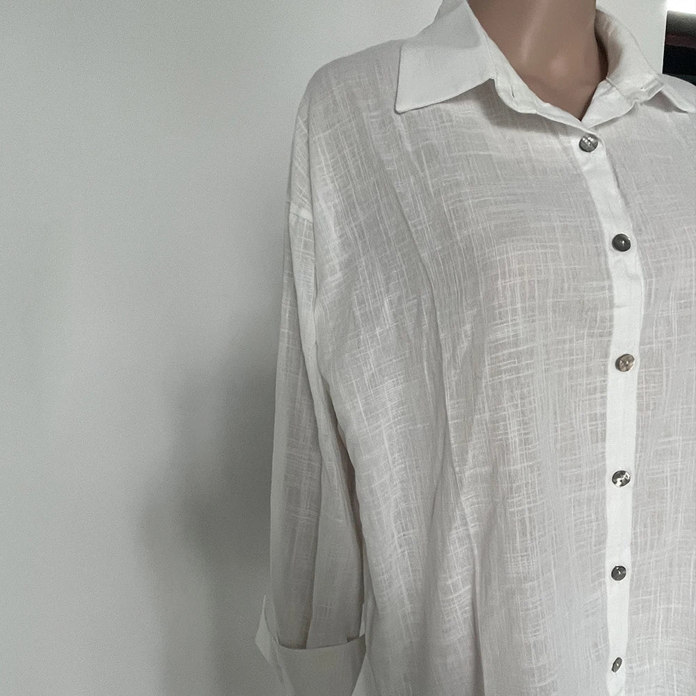 Elegant Turn Collar Solid Linen Long Sleeve Loose Shirts Mssza