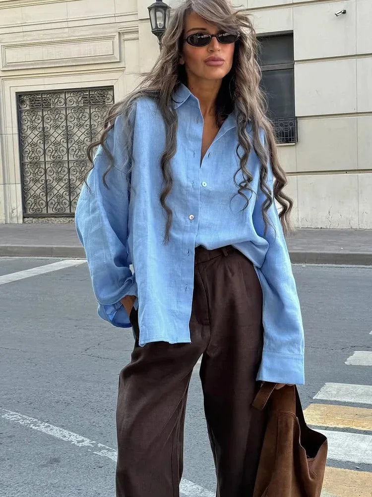 Elegant Turn Collar Solid Linen Long Sleeve Loose Shirts Mssza