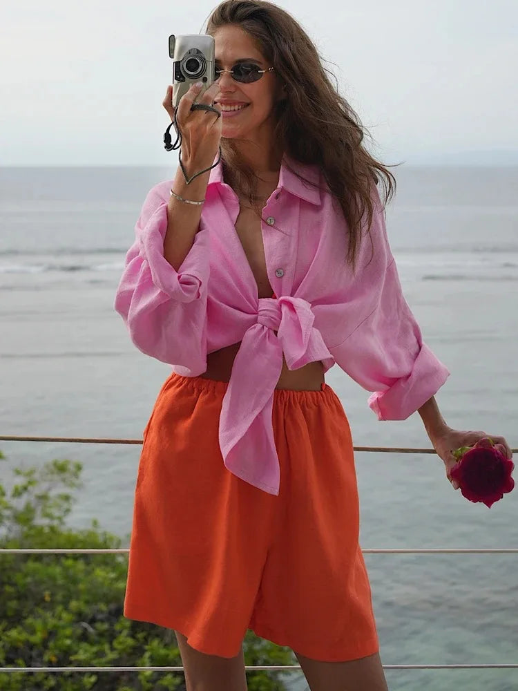 Elegant Turn Collar Solid Linen Long Sleeve Loose Shirts Mssza
