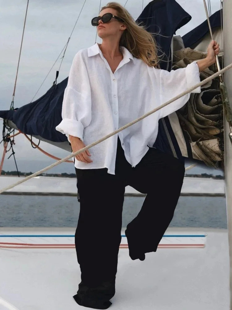 Elegant Turn Collar Solid Linen Long Sleeve Loose Shirts Mssza