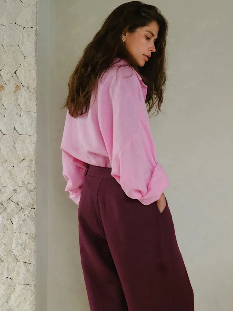 Elegant Turn Collar Solid Linen Long Sleeve Loose Shirts Mssza