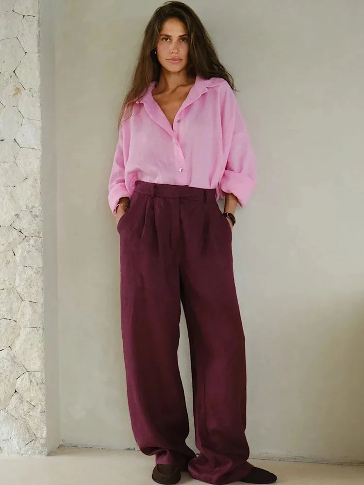 Elegant Turn Collar Solid Linen Long Sleeve Loose Shirts Mssza
