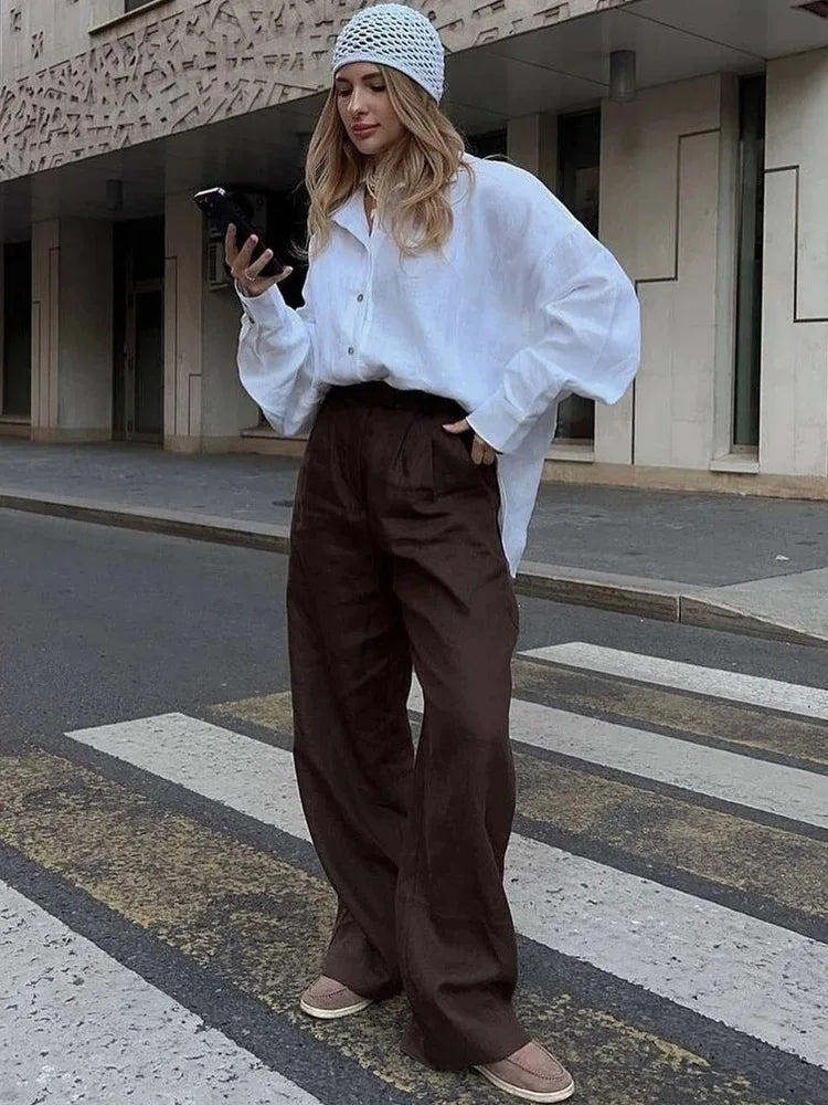Elegant Turn Collar Solid Linen Long Sleeve Loose Shirts Mssza