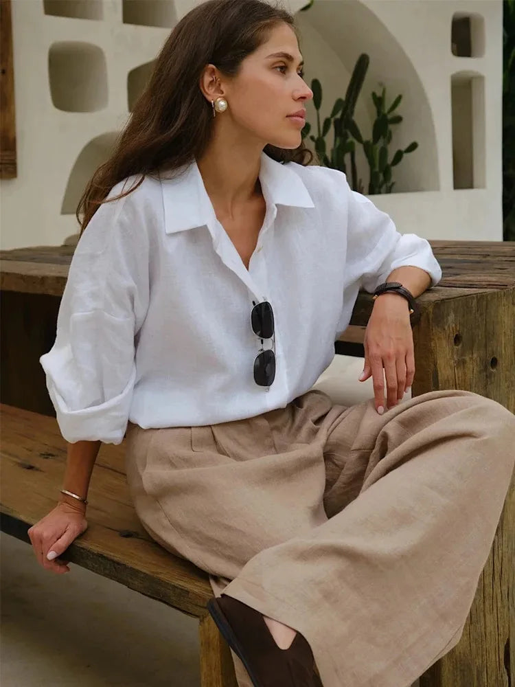Elegant Turn Collar Solid Linen Long Sleeve Loose Shirts Mssza