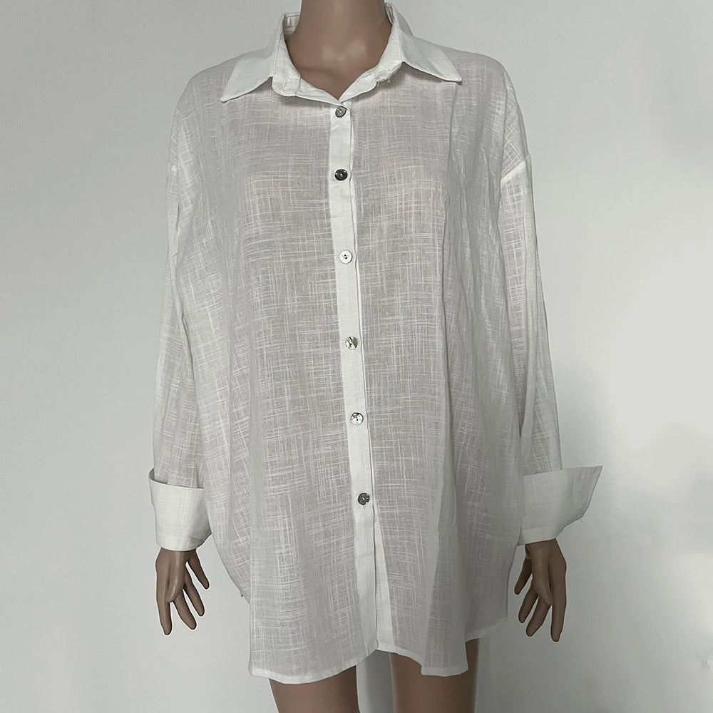 Elegant Turn Collar Solid Linen Long Sleeve Loose Shirts Mssza