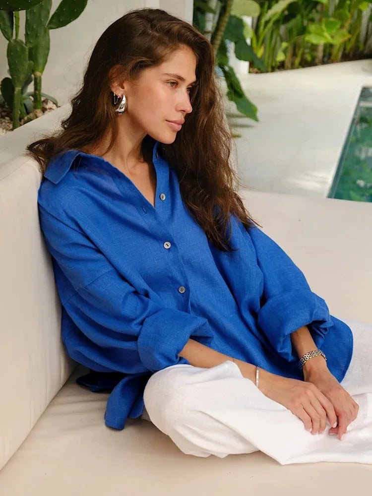 Elegant Turn Collar Solid Linen Long Sleeve Loose Shirts Mssza