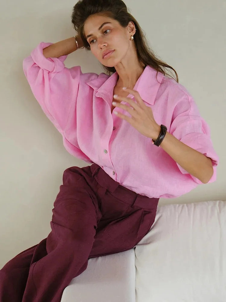 Elegant Turn Collar Solid Linen Long Sleeve Loose Shirts Mssza