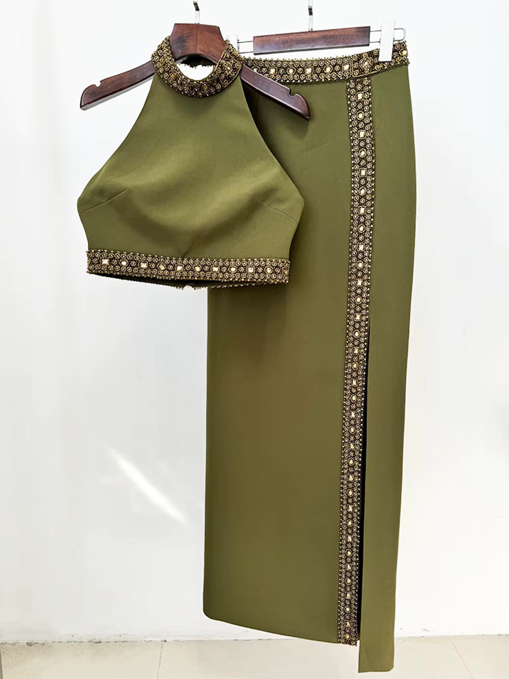 Elegant Turtleneck Crop Top Split Long Skirt Bead Diamond Two Pieces Sets Mssza