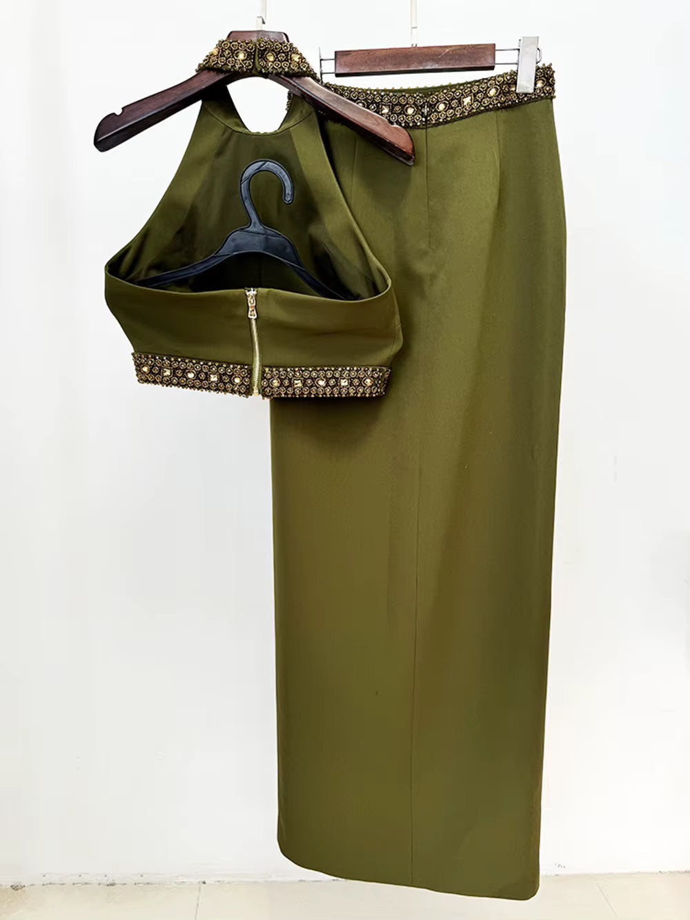 Elegant Turtleneck Crop Top Split Long Skirt Bead Diamond Two Pieces Sets Mssza
