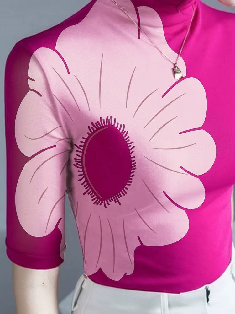 Elegant Turtleneck Half Sleeves Skinny Shirt Floral Printed T-shirt Mssza
