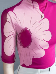 Elegant Turtleneck Half Sleeves Skinny Shirt Floral Printed T-shirt Mssza