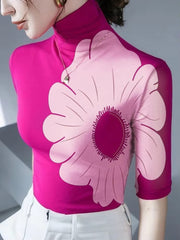 Elegant Turtleneck Half Sleeves Skinny Shirt Floral Printed T-shirt Mssza