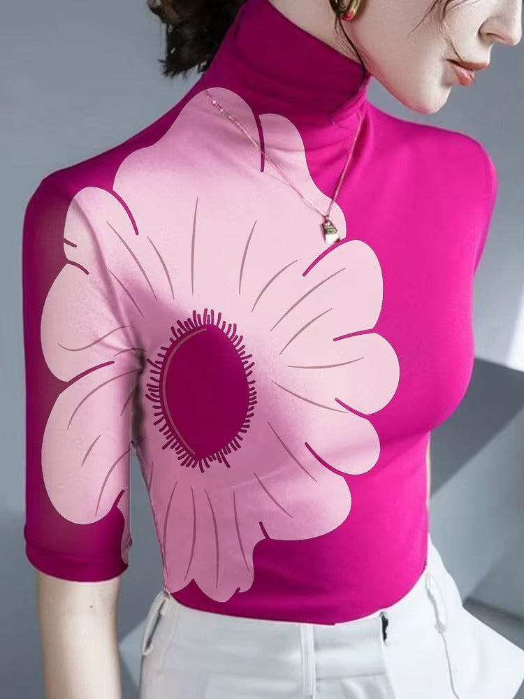 Elegant Turtleneck Half Sleeves Skinny Shirt Floral Printed T-shirt Mssza