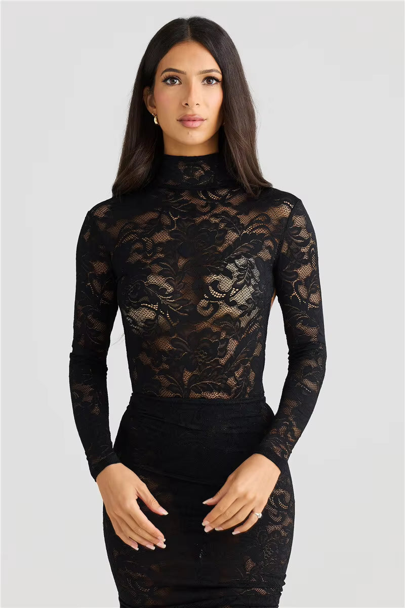 Elegant Turtleneck Long Sleeve T-shirt And Floral Maxi Skirt Lace Two Piece Sets Mssza