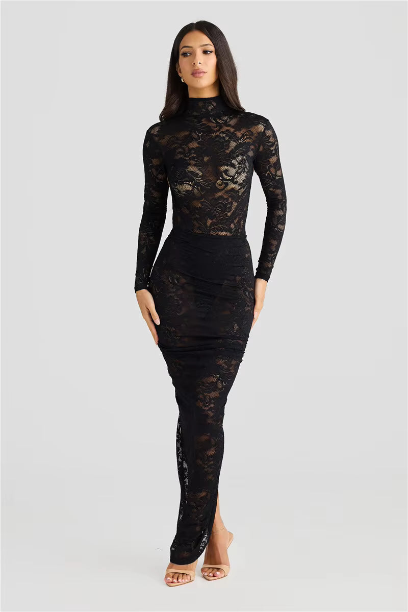 Elegant Turtleneck Long Sleeve T-shirt And Floral Maxi Skirt Lace Two Piece Sets Mssza