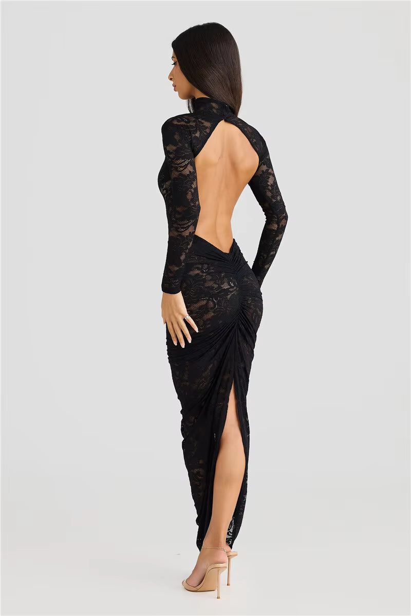 Elegant Turtleneck Long Sleeve T-shirt And Floral Maxi Skirt Lace Two Piece Sets Mssza