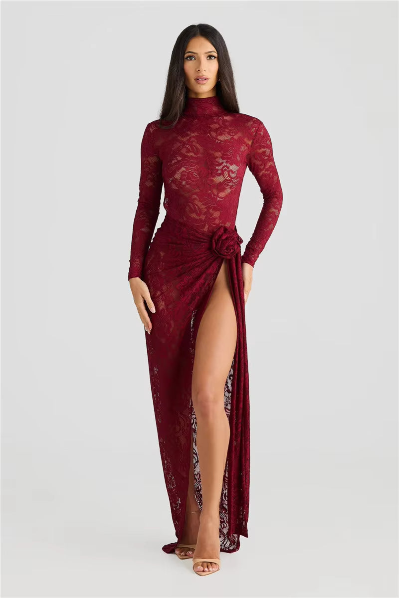 Elegant Turtleneck Long Sleeve T-shirt And Floral Maxi Skirt Lace Two Piece Sets Mssza