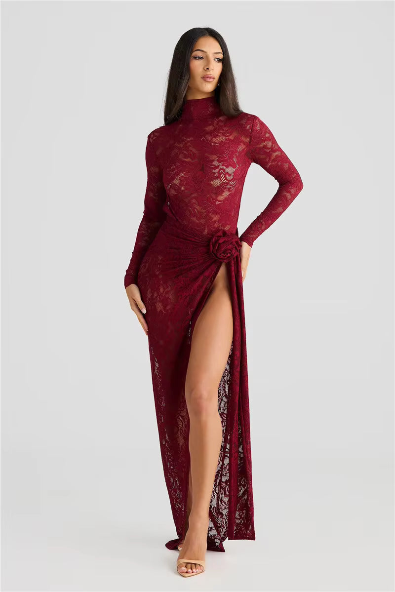 Elegant Turtleneck Long Sleeve T-shirt And Floral Maxi Skirt Lace Two Piece Sets Mssza