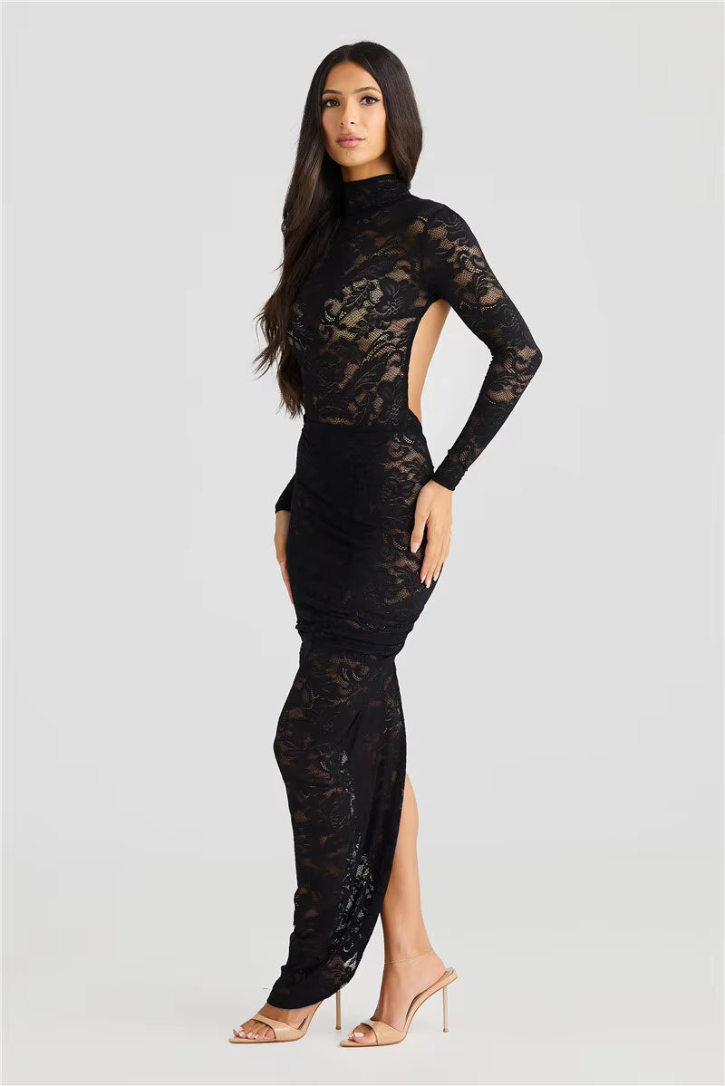 Elegant Turtleneck Long Sleeve T-shirt And Floral Maxi Skirt Lace Two Piece Sets Mssza