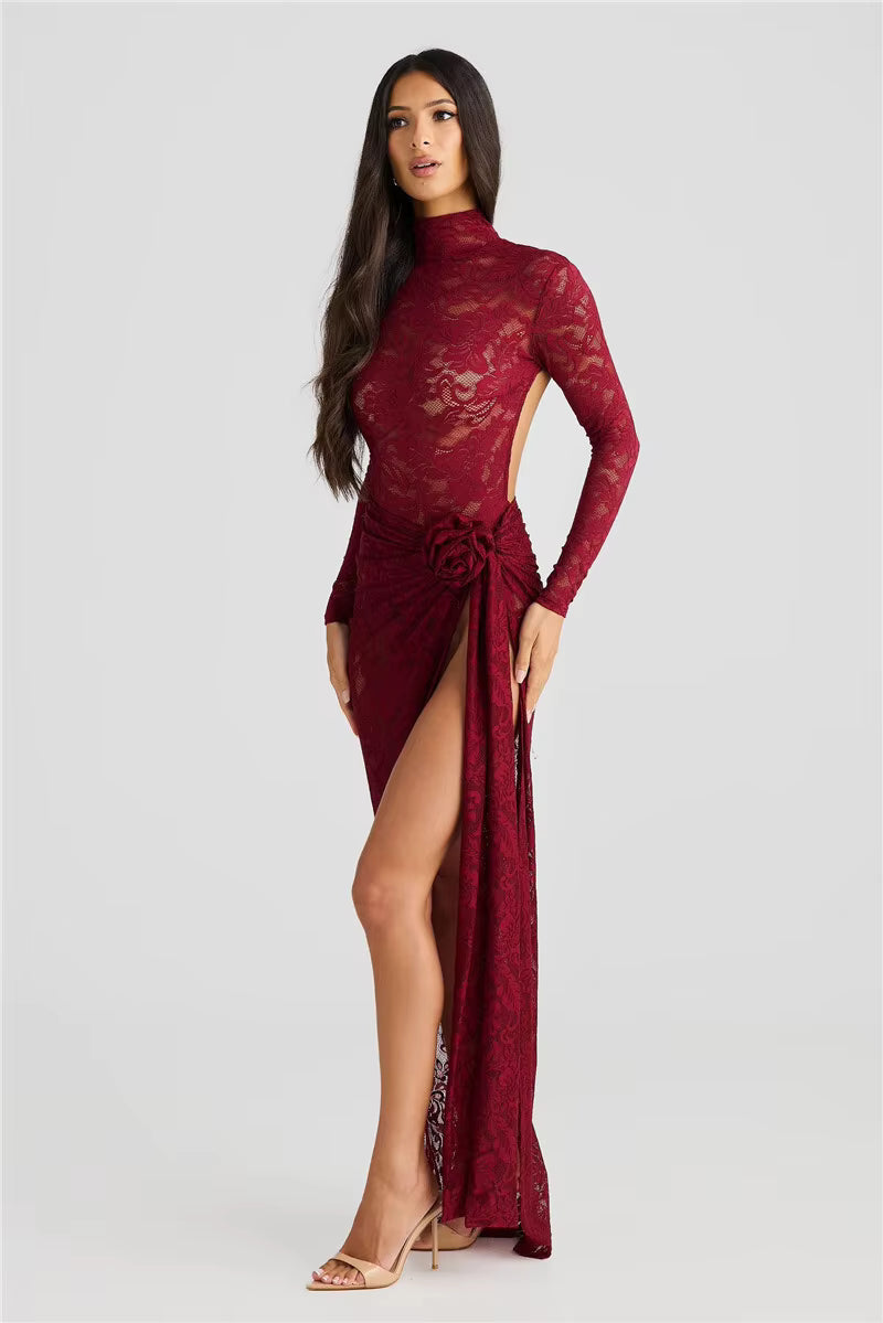 Elegant Turtleneck Long Sleeve T-shirt And Floral Maxi Skirt Lace Two Piece Sets Mssza
