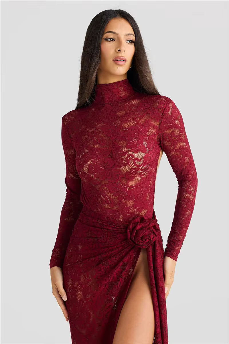 Elegant Turtleneck Long Sleeve T-shirt And Floral Maxi Skirt Lace Two Piece Sets Mssza