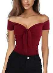 Elegant V-Neck Backless Short Sleeve Beach Party Slim T-shirt Mssza