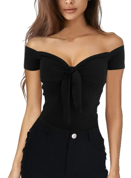 Elegant V-Neck Backless Short Sleeve Beach Party Slim T-shirt Mssza