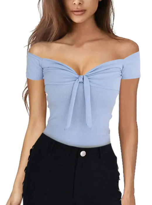 Elegant V-Neck Backless Short Sleeve Beach Party Slim T-shirt Mssza