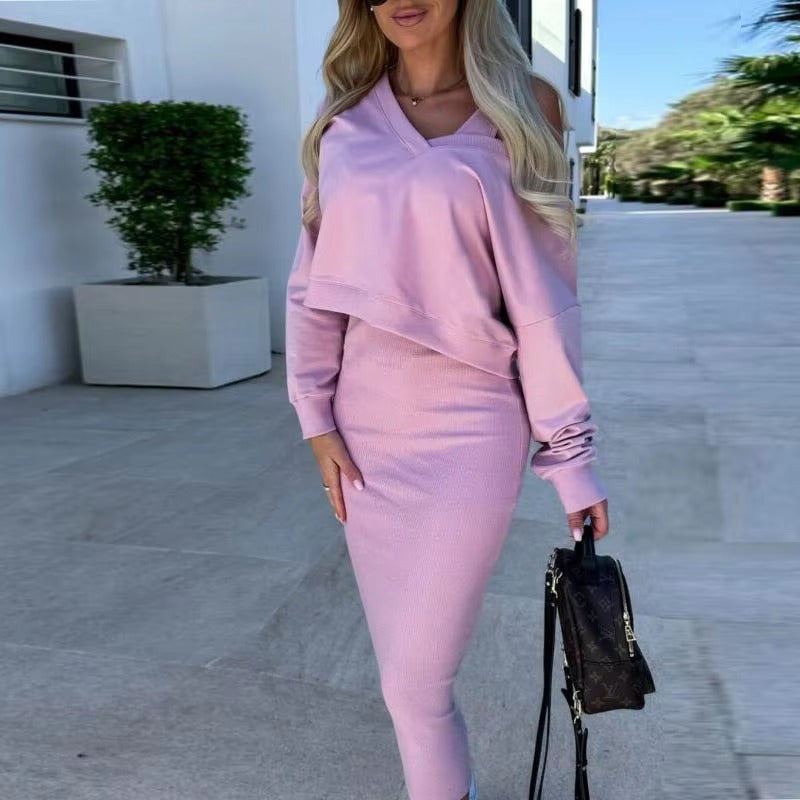 Elegant  V Neck Long Sleeve Sweatshirts Two Piece Sets Mssza