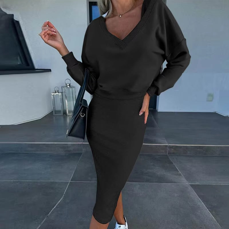 Elegant  V Neck Long Sleeve Sweatshirts Two Piece Sets Mssza