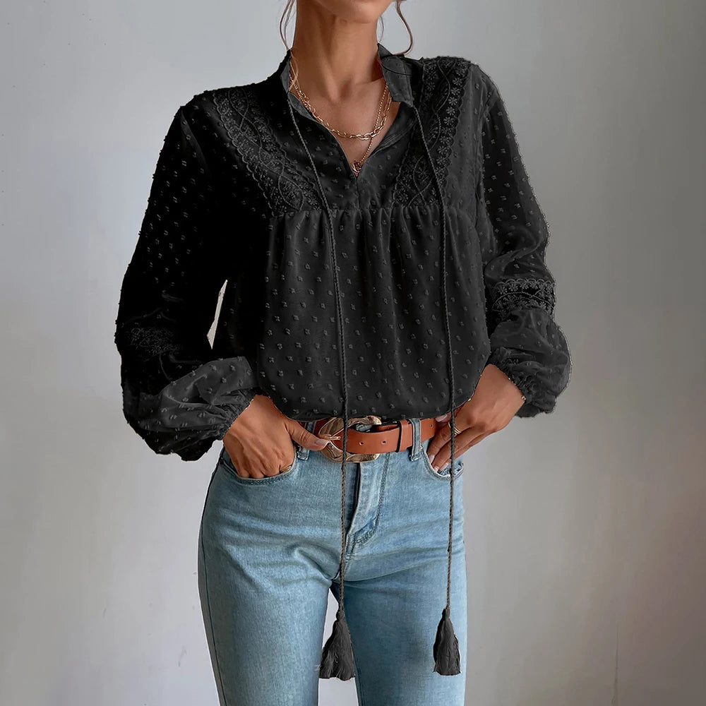Elegant V-Neck Long Sleeve Tunic Top Loose Blouse Mssza