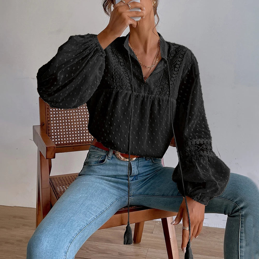 Elegant V-Neck Long Sleeve Tunic Top Loose Blouse Mssza