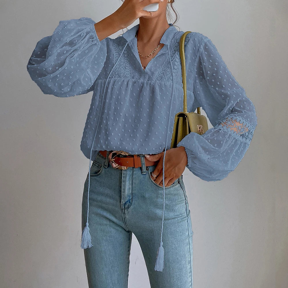 Elegant V-Neck Long Sleeve Tunic Top Loose Blouse Mssza