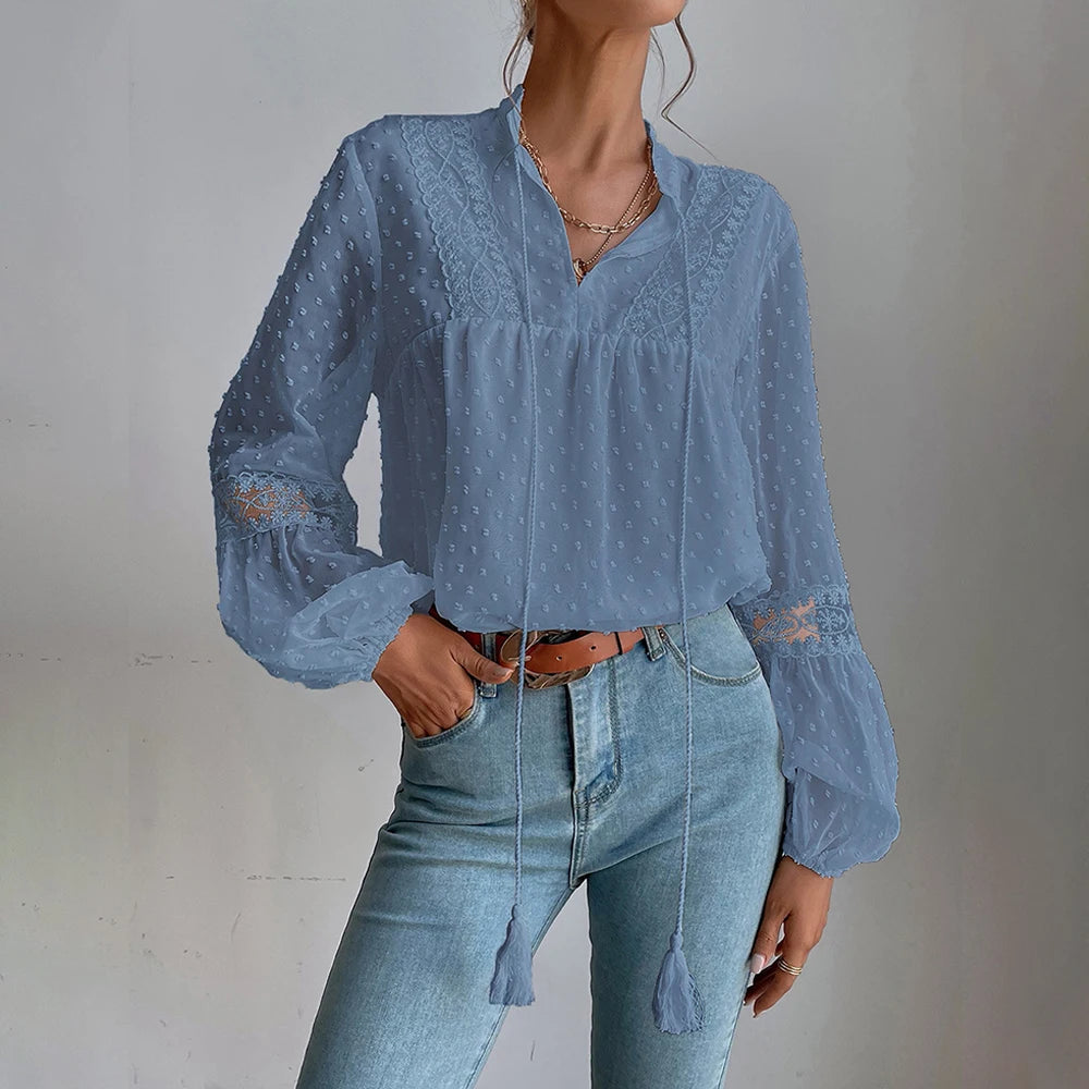 Elegant V-Neck Long Sleeve Tunic Top Loose Blouse Mssza