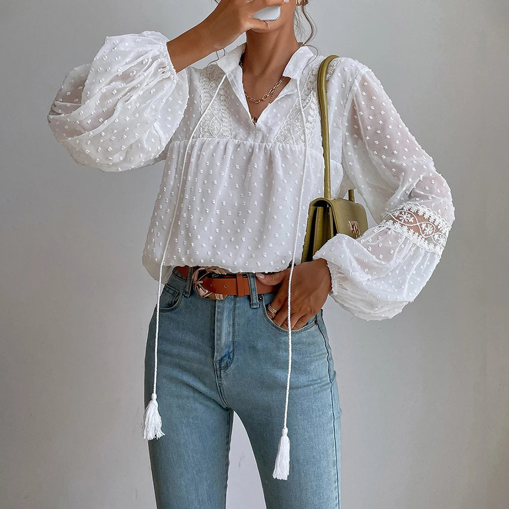 Elegant V-Neck Long Sleeve Tunic Top Loose Blouse Mssza