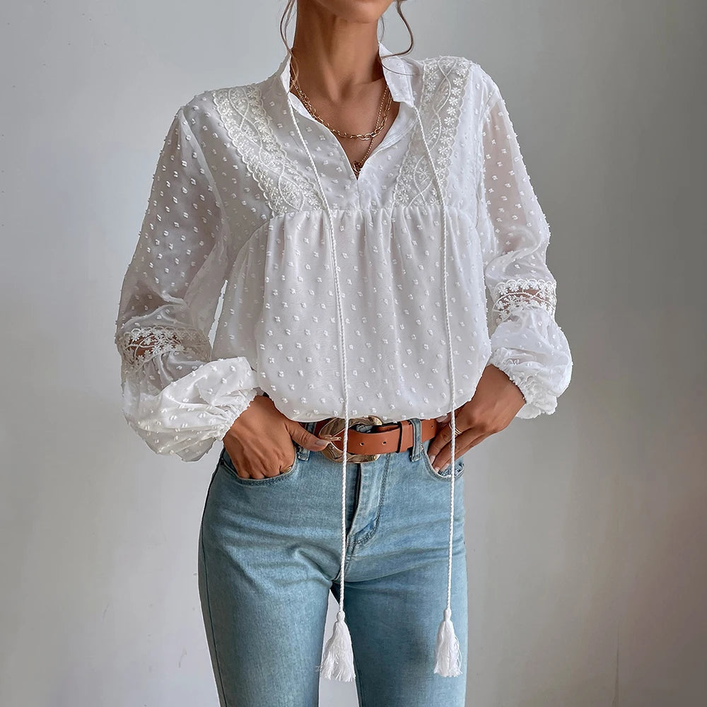 Elegant V-Neck Long Sleeve Tunic Top Loose Blouse Mssza