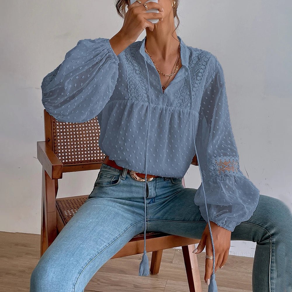 Elegant V-Neck Long Sleeve Tunic Top Loose Blouse Mssza