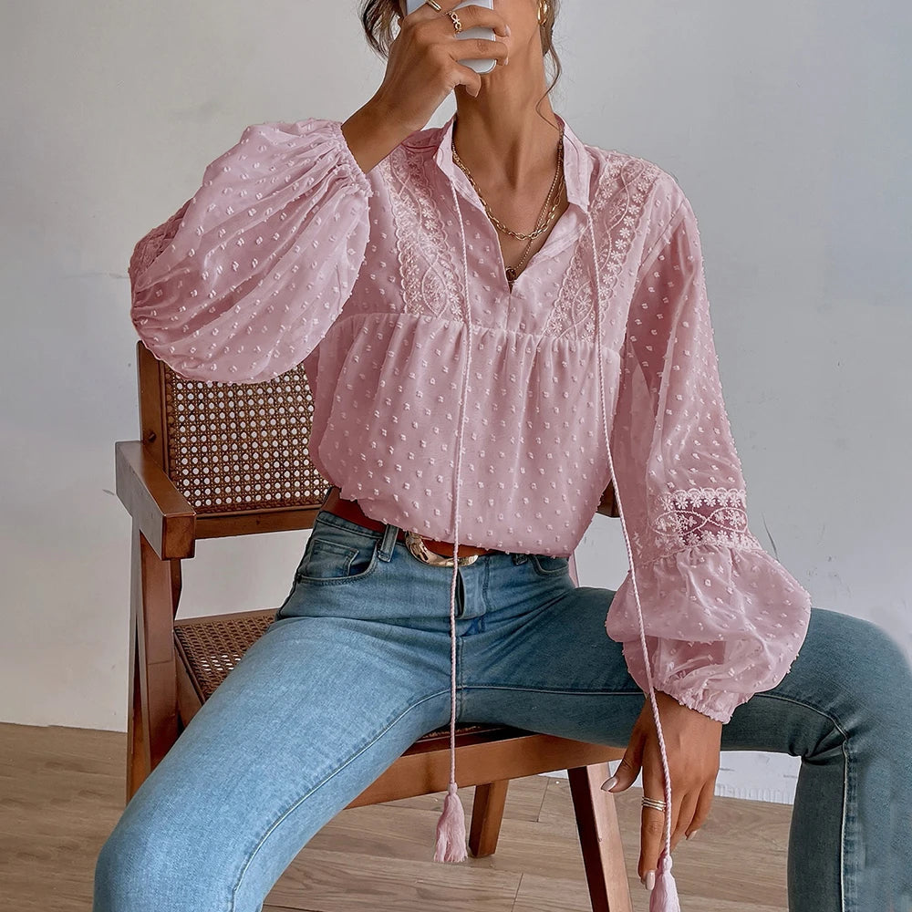 Elegant V-Neck Long Sleeve Tunic Top Loose Blouse Mssza