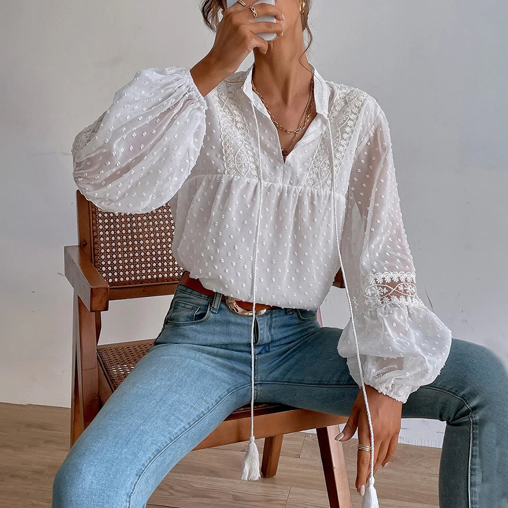 Elegant V-Neck Long Sleeve Tunic Top Loose Blouse Mssza