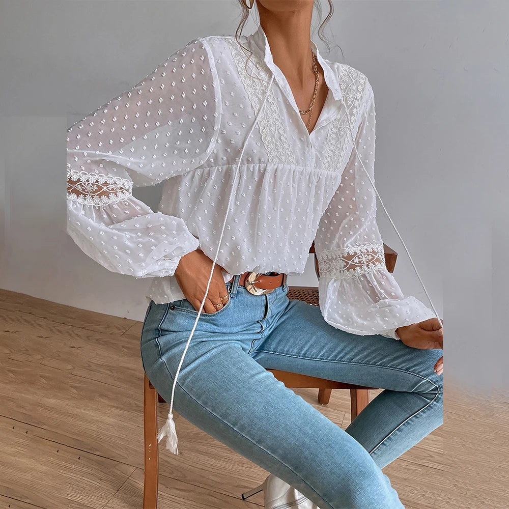 Elegant V-Neck Long Sleeve Tunic Top Loose Blouse Mssza