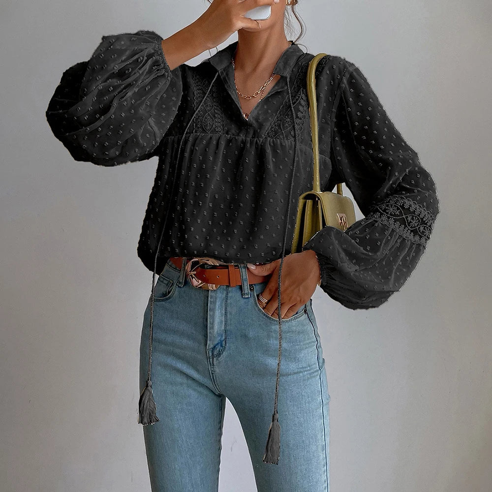 Elegant V-Neck Long Sleeve Tunic Top Loose Blouse Mssza