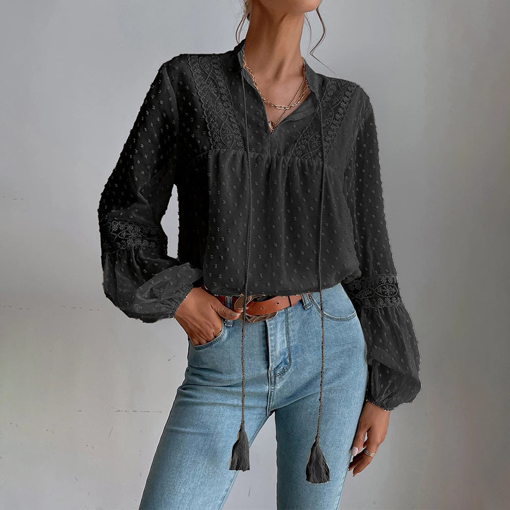 Elegant V-Neck Long Sleeve Tunic Top Loose Blouse Mssza
