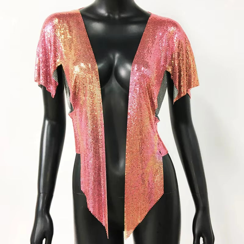 Elegant V Neck Short Sleeve Sequined Metal Sequins T Shirt Mssza
